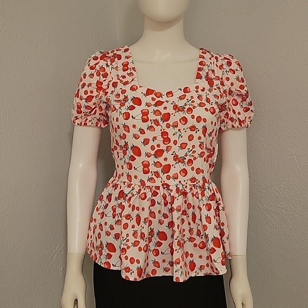 BELLE POQUE Cute Retro Strawberry Pin-up Coquette Peplum Blouse - Picture 3 of 11